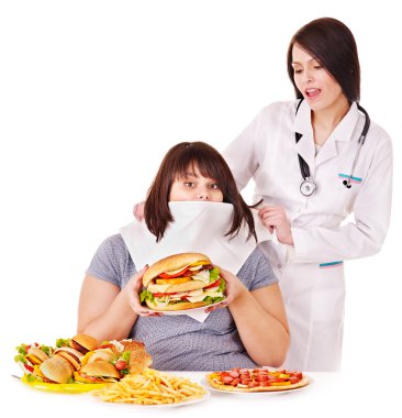 Woman with hamburger and doctor. clipart