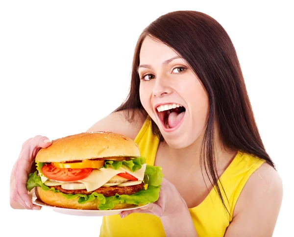 Vrouw bedrijf hamburger. — Stockfoto