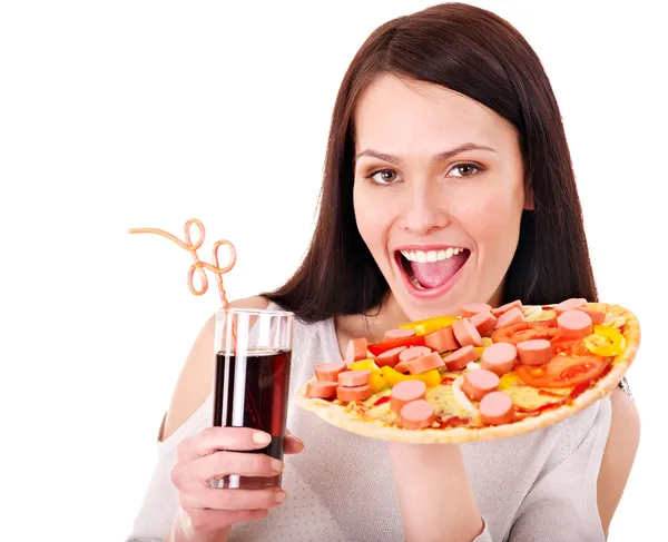 Kadın holding pizza. — Stok fotoğraf