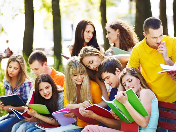 Skupina studentů s notebookem venkovní. — Stock fotografie