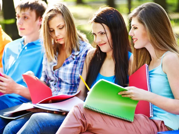 Group student with notebook outdoor. Stock Photo
