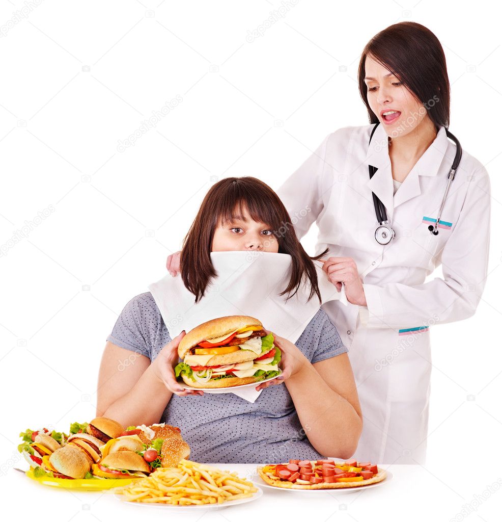 Woman with hamburger and doctor.