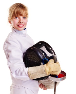 Child in fencing costume holding epee . clipart