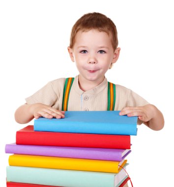 Child reading pile of books. clipart