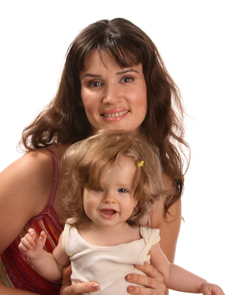 A happy mother holds a baby on hands — Stock Photo, Image