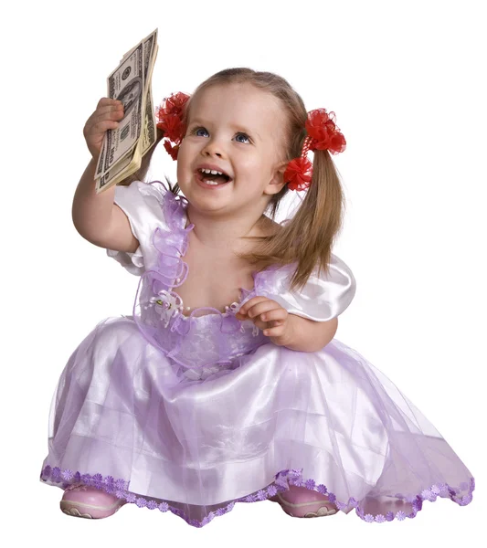 Dítě dívka s dolar bankovek. — Stock fotografie
