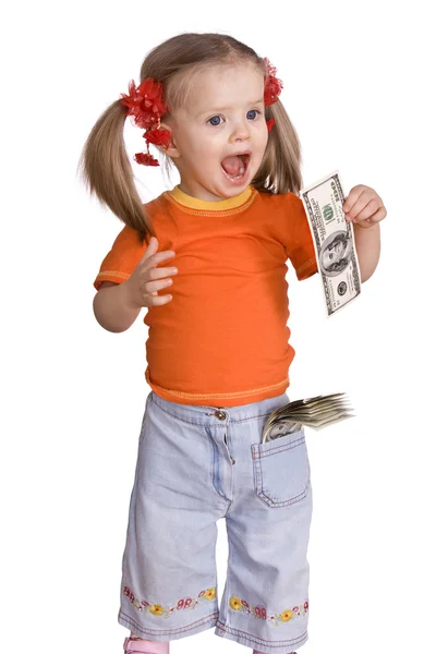 Gyermek lány dollár bankjegy. — Stock Fotó