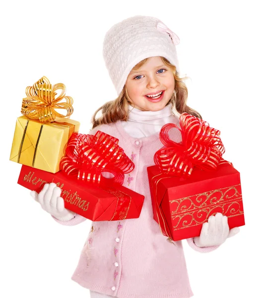 Kid met rode doos van de gift van Kerstmis. — Stockfoto