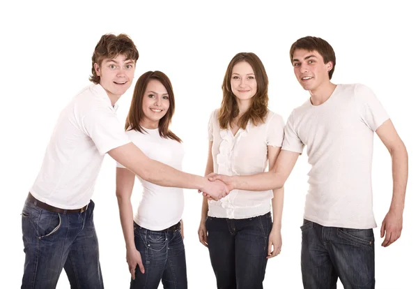 Mutlu bir aile beyaz t-shirt shake el. — Stok fotoğraf