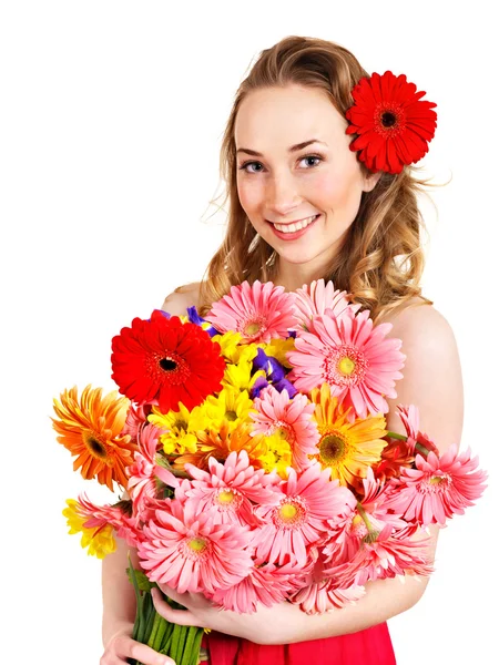 Gelukkig jonge vrouw geven van bloemen. — Stockfoto