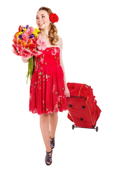 出差旅行轮式行李的年轻女人 — 图库照片