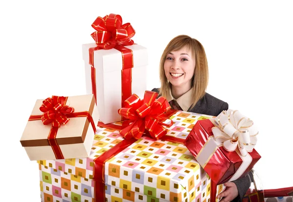 Girl in business suit with group of gift box. — Stock Photo, Image