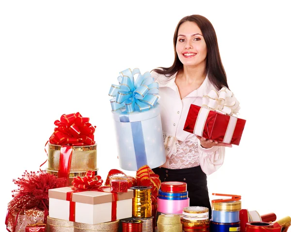Girl with group of color gift box. — Stock Photo, Image