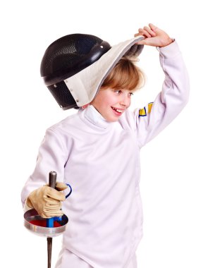 Child in fencing costume holding epee . clipart
