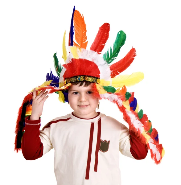 Fun boy in costume of indian. Isolated. — Stock Photo, Image