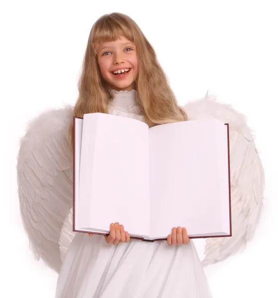 Meisje in engel kostuum met boek. — Stockfoto