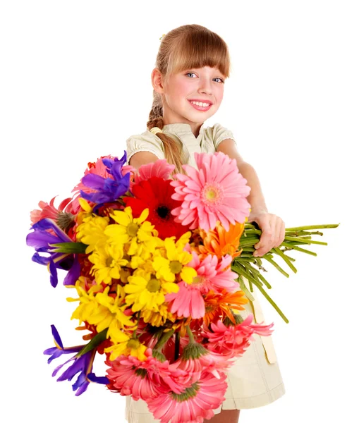 꽃을 주는 행복 한 아이. — 스톡 사진
