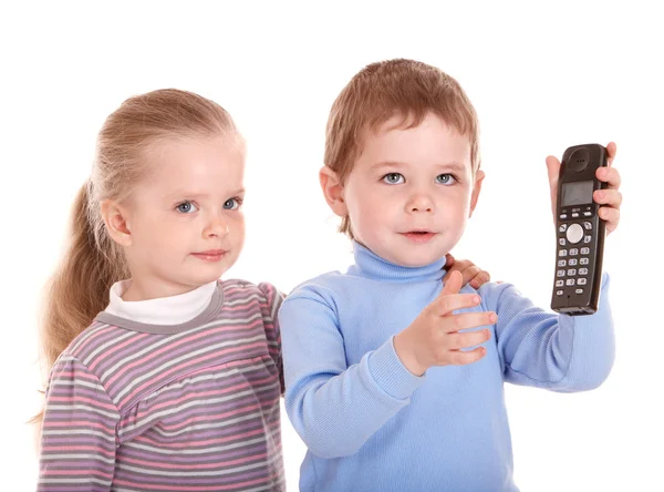 Jongen in blauw spreken op telefoon. — Stockfoto