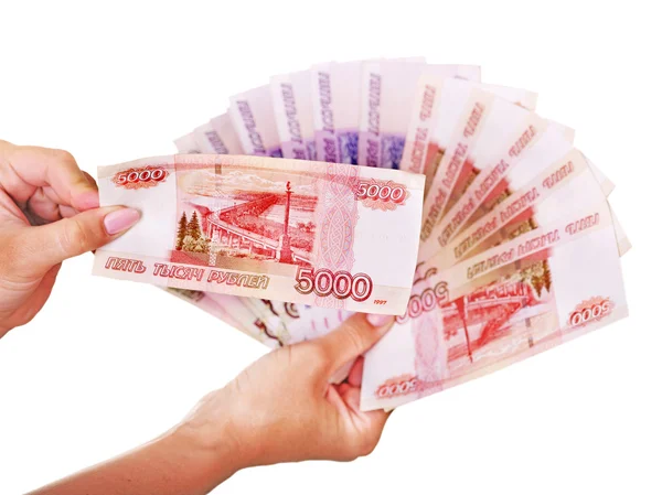 Weibliche Hand mit Geld (russischer Rubel)). — Stockfoto