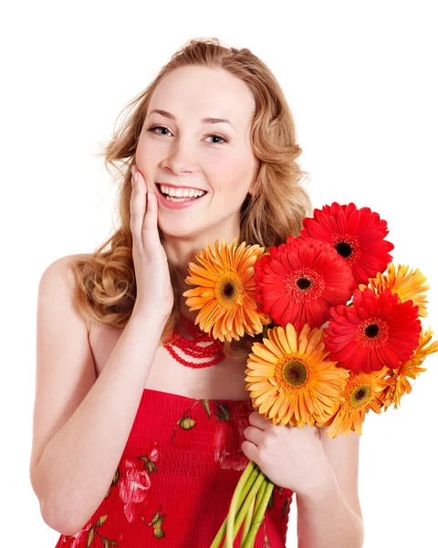 Feliz joven mujer sosteniendo flores . —  Fotos de Stock