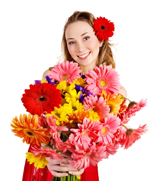Happy young woman giving flowers. — Stock Photo, Image