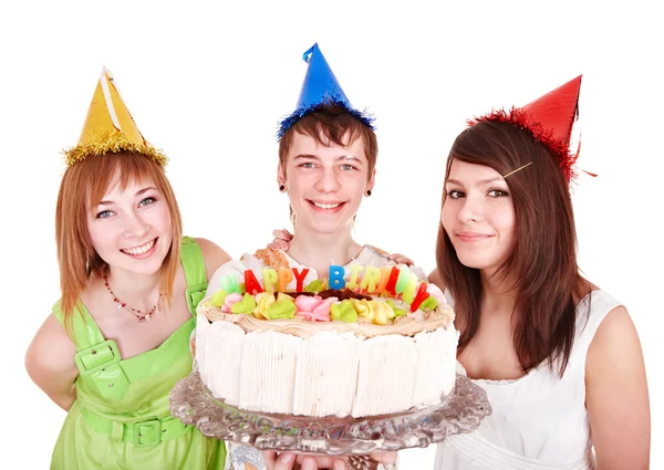 Groep van gelukkige jonge met cake. — Stockfoto