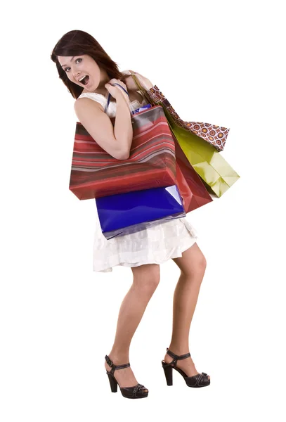 Ung flicka med gåva väska. — Stockfoto