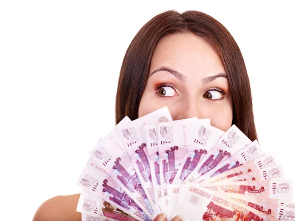 Vrouw met geld Russische roebel. — Stockfoto