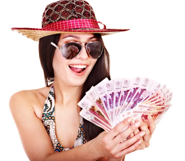 Woman with money Russian rouble. — Stock Photo, Image