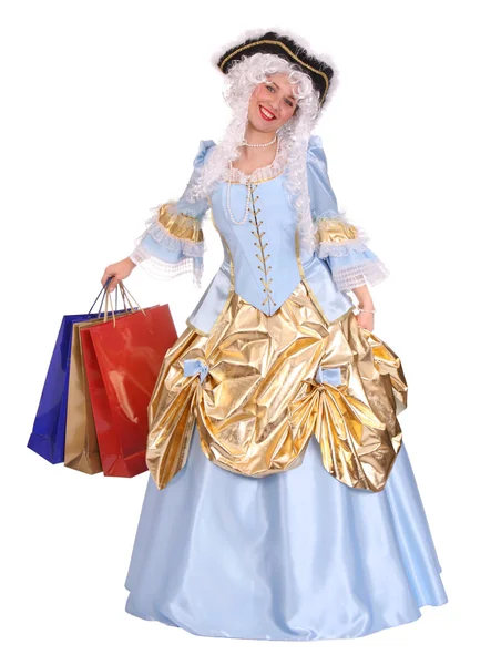 Femme en robe ancienne avec sac cadeau . — Photo