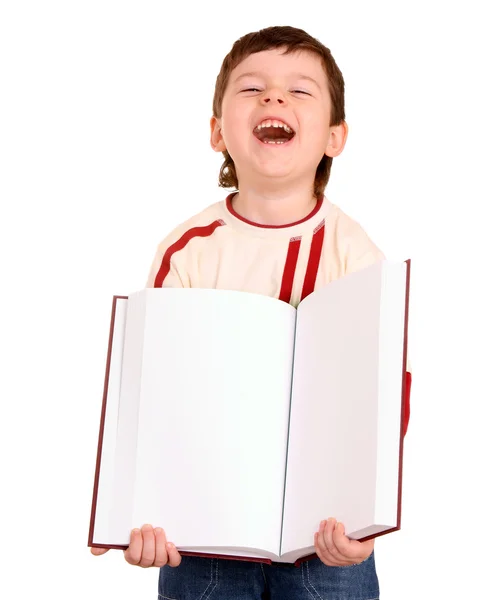 Uśmiechnięty chłopiec podjąć otwartą książkę. — Zdjęcie stockowe