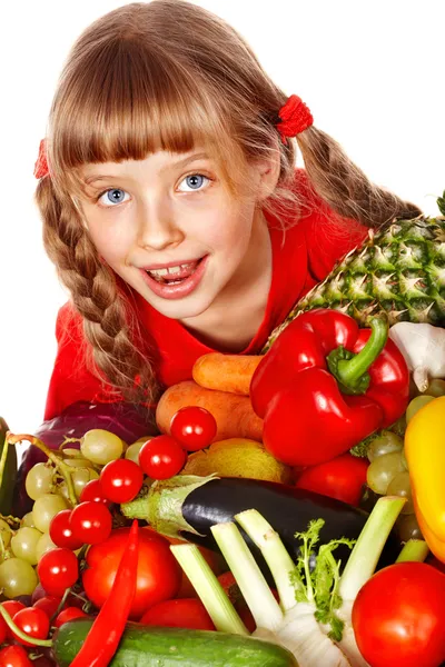 Bambino con gruppo di verdure e frutta . — Foto Stock