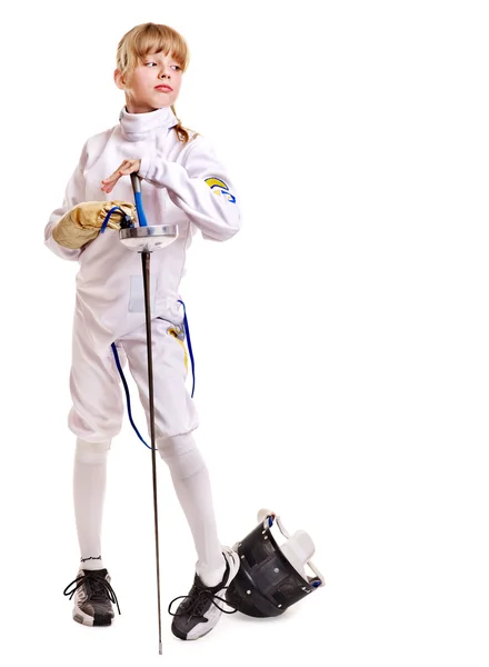 Niño en traje de esgrima sosteniendo epee  . —  Fotos de Stock