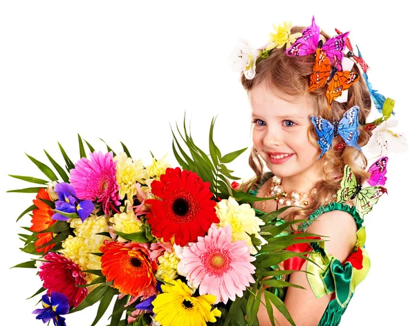 Barn med blomma och fjäril. — Stockfoto