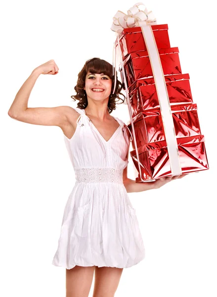 Woman holding stack of gift box. — Stock Photo, Image