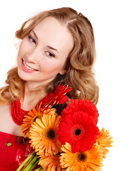 Happy young woman holding flowers. — Stock Photo, Image