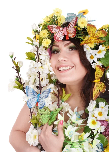 Girl with butterfly and flower on head. — Stock Photo, Image