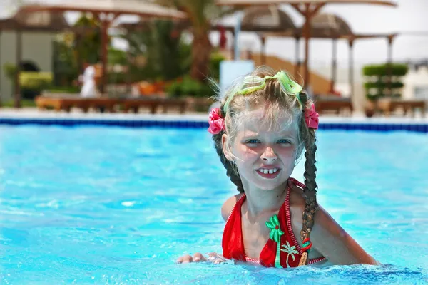 Child in red bikini and glasses swimming. — Stock Photo, Image