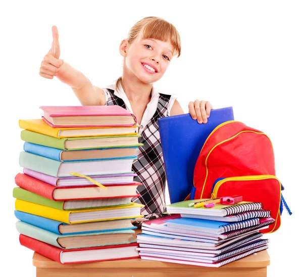 Child with stack of books and showing thumb up. — Stock Photo, Image