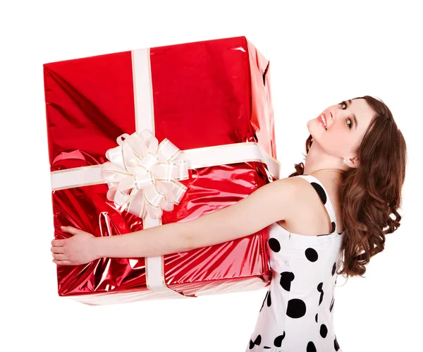 Lány piros ajándék doboz. — Stock Fotó