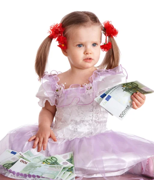 Money euro and child girl in dress. — Stock Photo, Image