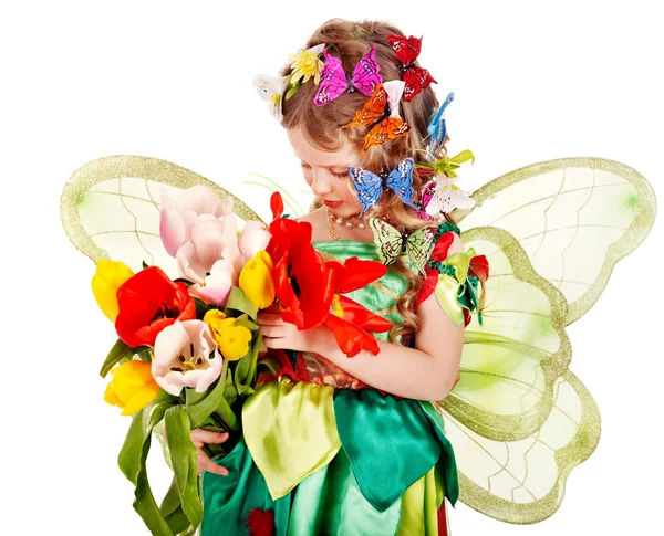 Kind met bloem en vlinder. — Stockfoto