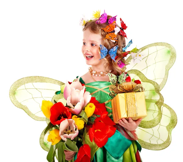 Dítě s květina a motýl. — Stock fotografie