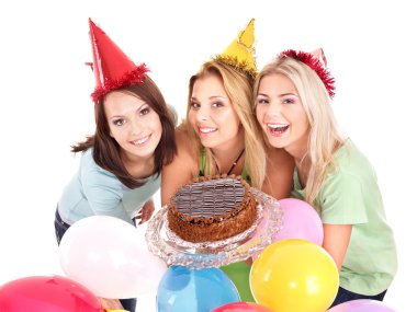 Group in party hat giving cake. clipart