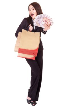 Woman with money Russian rouble and shopping bag. clipart