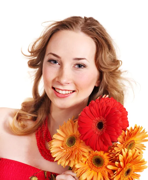 Feliz joven mujer sosteniendo flores . —  Fotos de Stock