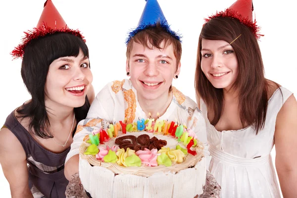 集团的快乐年轻人与蛋糕. — 图库照片