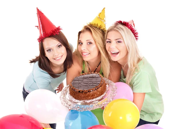Grupo en sombrero de fiesta dando pastel . — Foto de Stock
