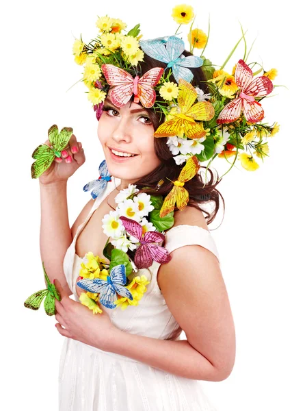 Menina com borboleta e flor na cabeça . — Fotografia de Stock