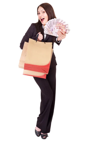 Kvinna med pengar ryska rubel och shopping väska. — Stockfoto